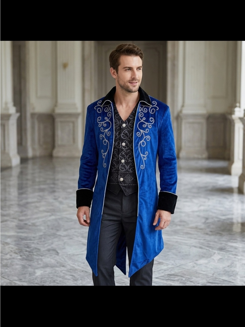 Men's Royal Blue Embroidered Velvet Coat